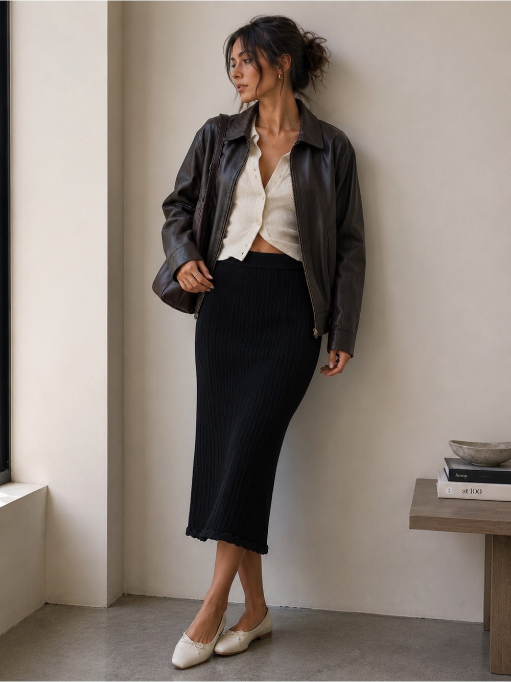 Aritzia Wilfred Black Ribbed Midi Skirt